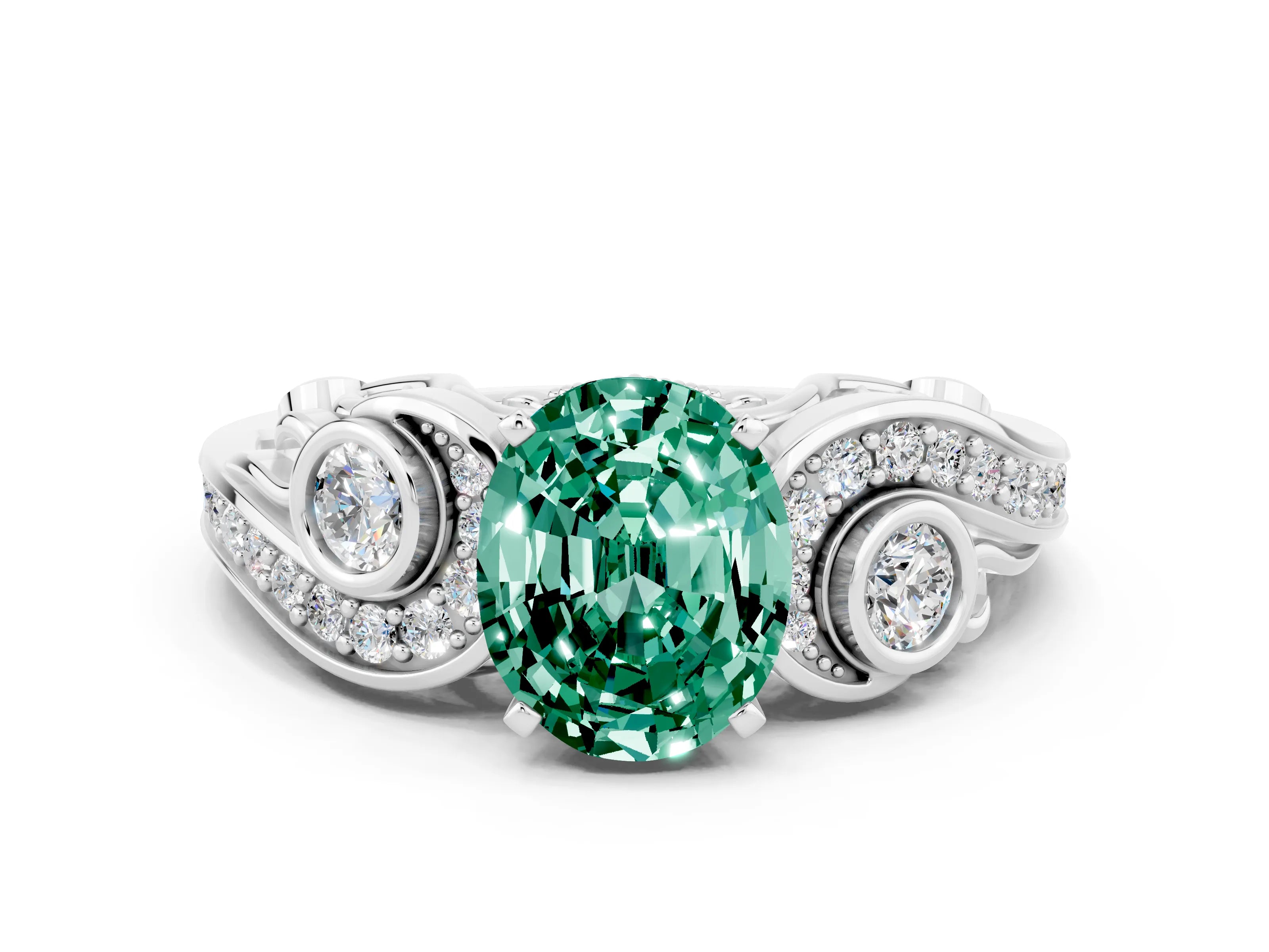 White gold Oval Cut Green Sapphire Solitaire Ring with Milgrain Pavé Band and Four-Prong Setting_48