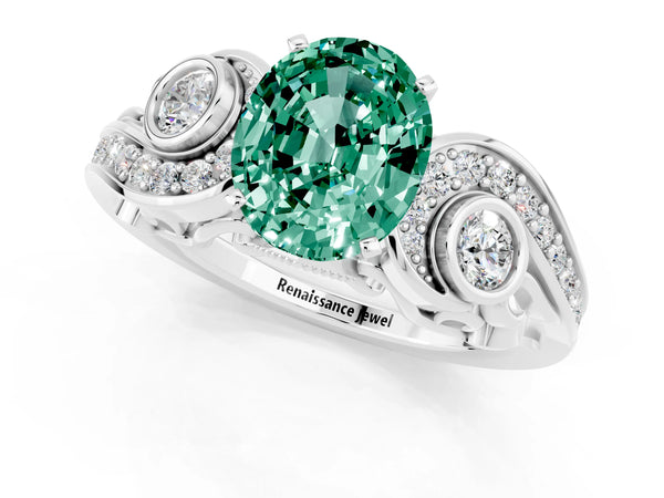 White gold Oval Cut Green Sapphire Solitaire Ring with Milgrain Pavé Band and Four-Prong Setting