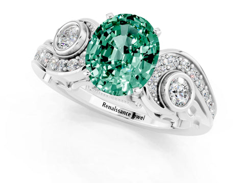 White gold Oval Cut Green Sapphire Solitaire Ring with Milgrain Pavé Band and Four-Prong Setting_49