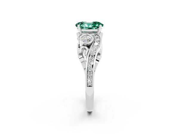 White gold Oval Cut Green Sapphire Solitaire Ring with Milgrain Pavé Band and Four-Prong Setting