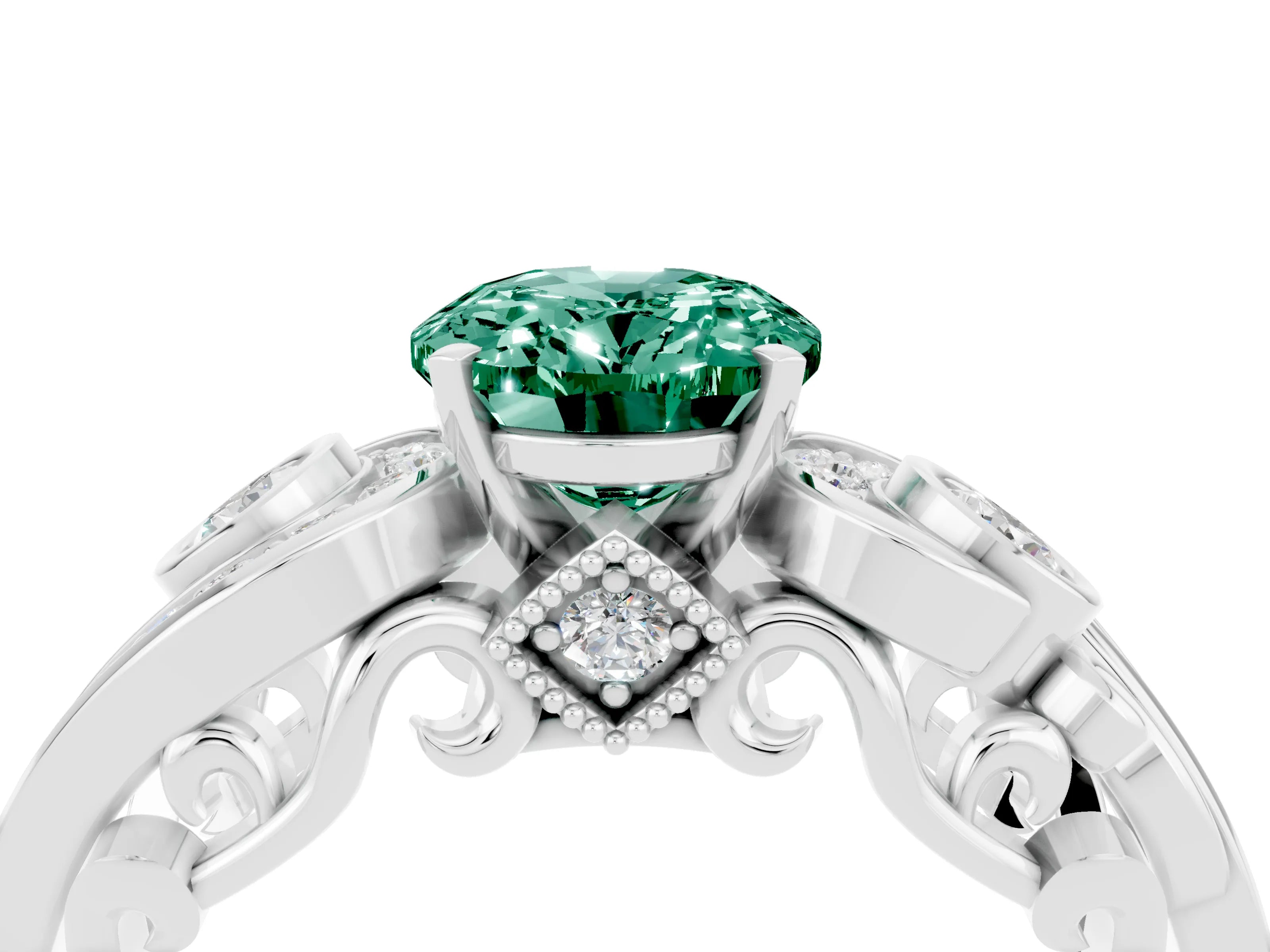 White gold Oval Cut Green Sapphire Solitaire Ring with Milgrain Pavé Band and Four-Prong Setting_52