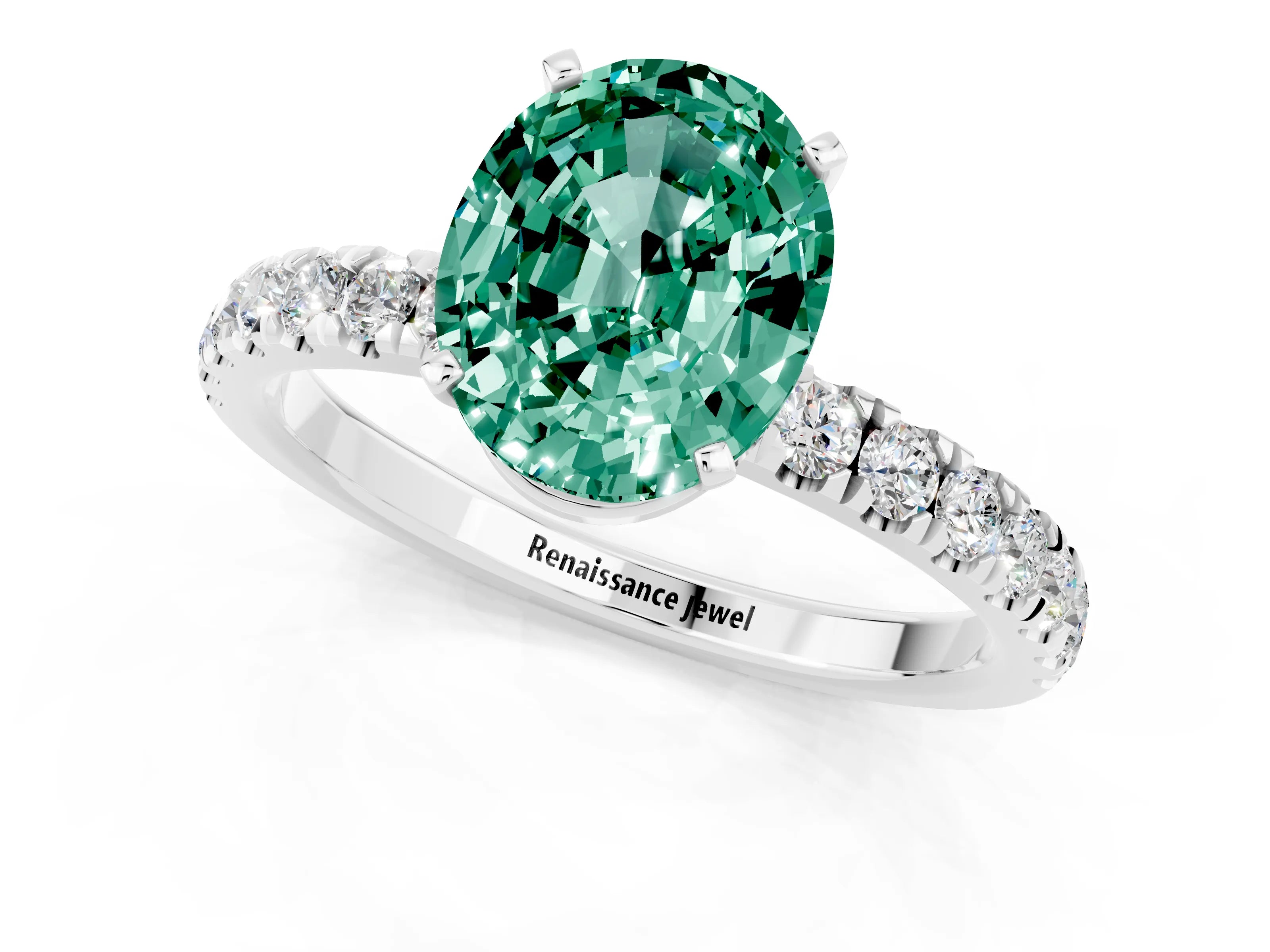 White gold Oval Cut Green Sapphire Solitaire Ring with Pavé Accents and Four-Prong Setting_1
