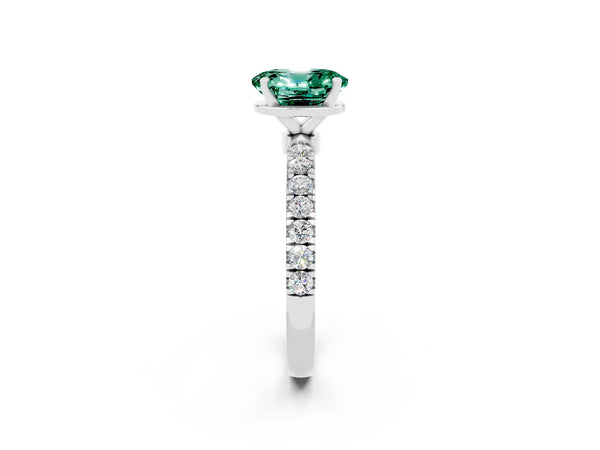 Platinum Oval Cut Green Sapphire Solitaire Ring with Pavé Accents and Four-Prong Setting