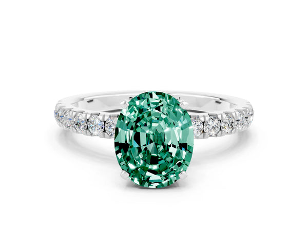White gold Oval Cut Green Sapphire Solitaire Ring with Pavé Accents and Four-Prong Setting
