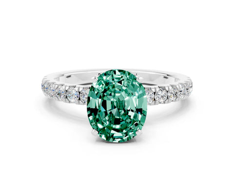 White gold Oval Cut Green Sapphire Solitaire Ring with Pavé Accents and Four-Prong Setting