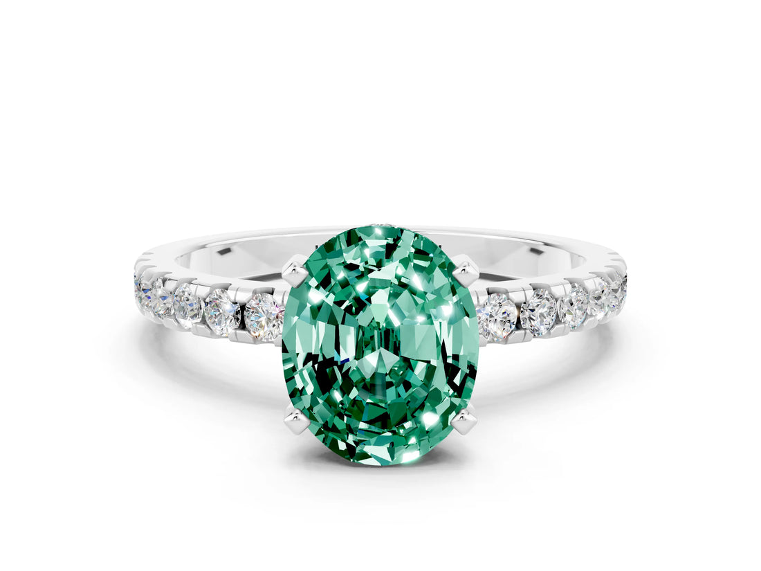 White gold Oval Cut Green Sapphire Solitaire Ring with Pavé Band and Four-Prong Setting_24