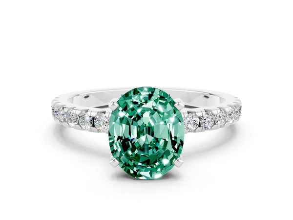 Platinum Oval Cut Green Sapphire Solitaire Ring with Round  Pavé Band and Four-Prong Setting