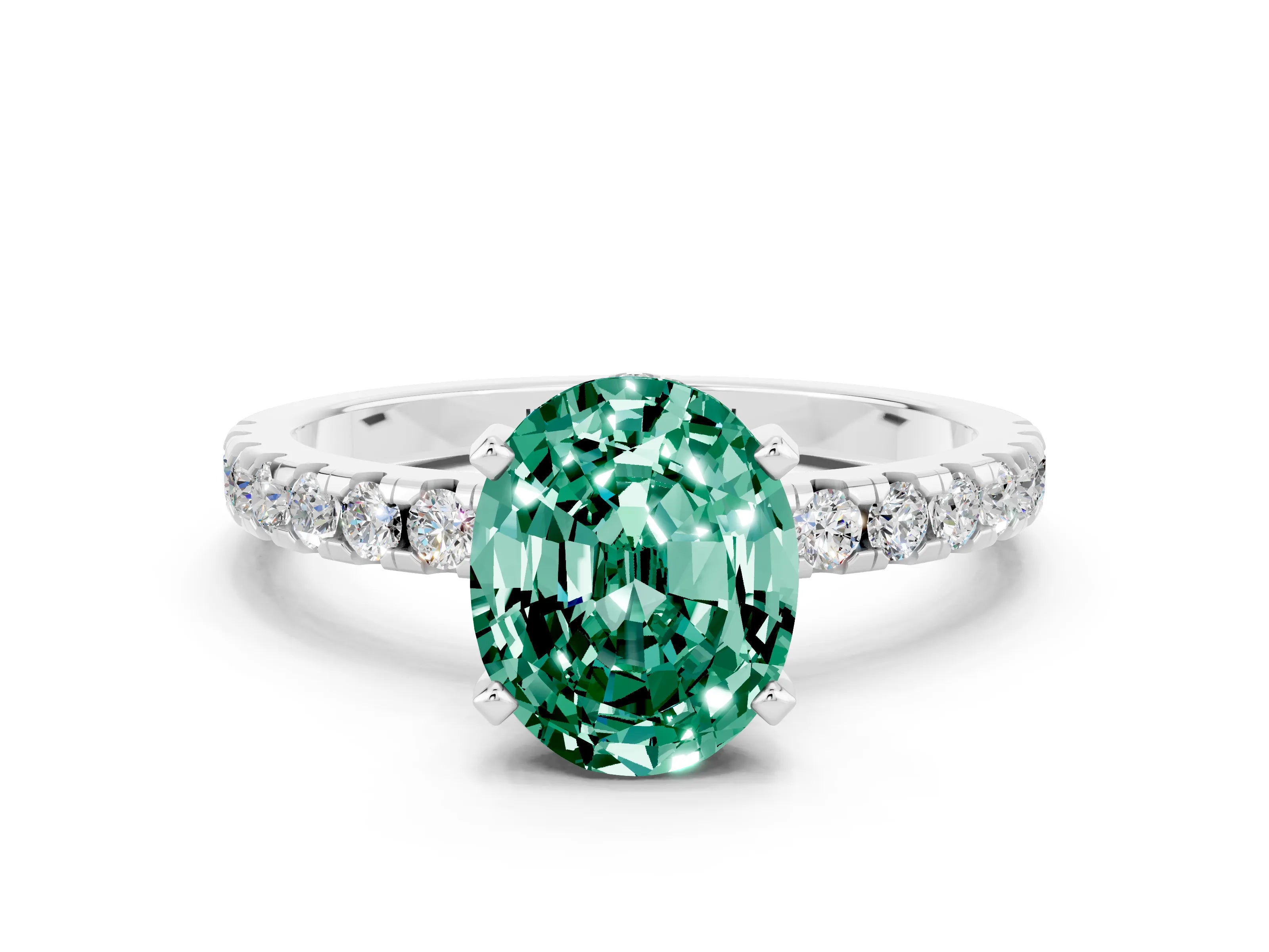 White gold Oval Cut Green Sapphire Solitaire Ring with Pavé Band and Four-Prong Setting_24