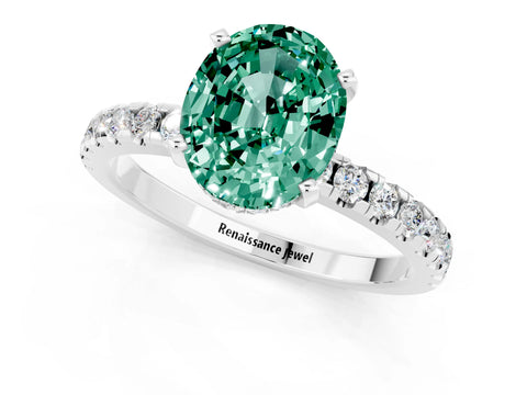 White gold Oval Cut Green Sapphire Solitaire Ring with Pavé Band and Four-Prong Setting_25