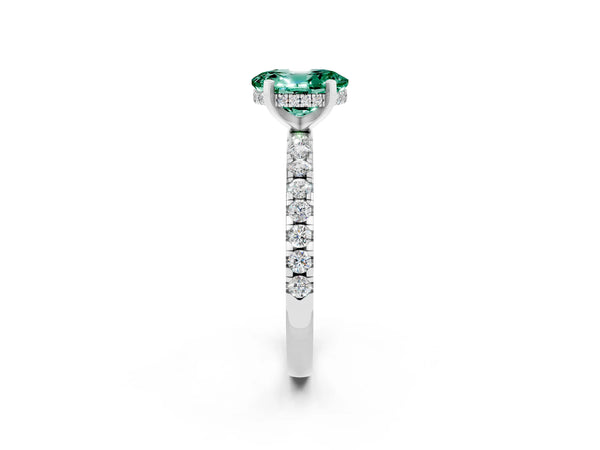 Platinum Oval Cut Green Sapphire Solitaire Ring with Round  Pavé Band and Four-Prong Setting
