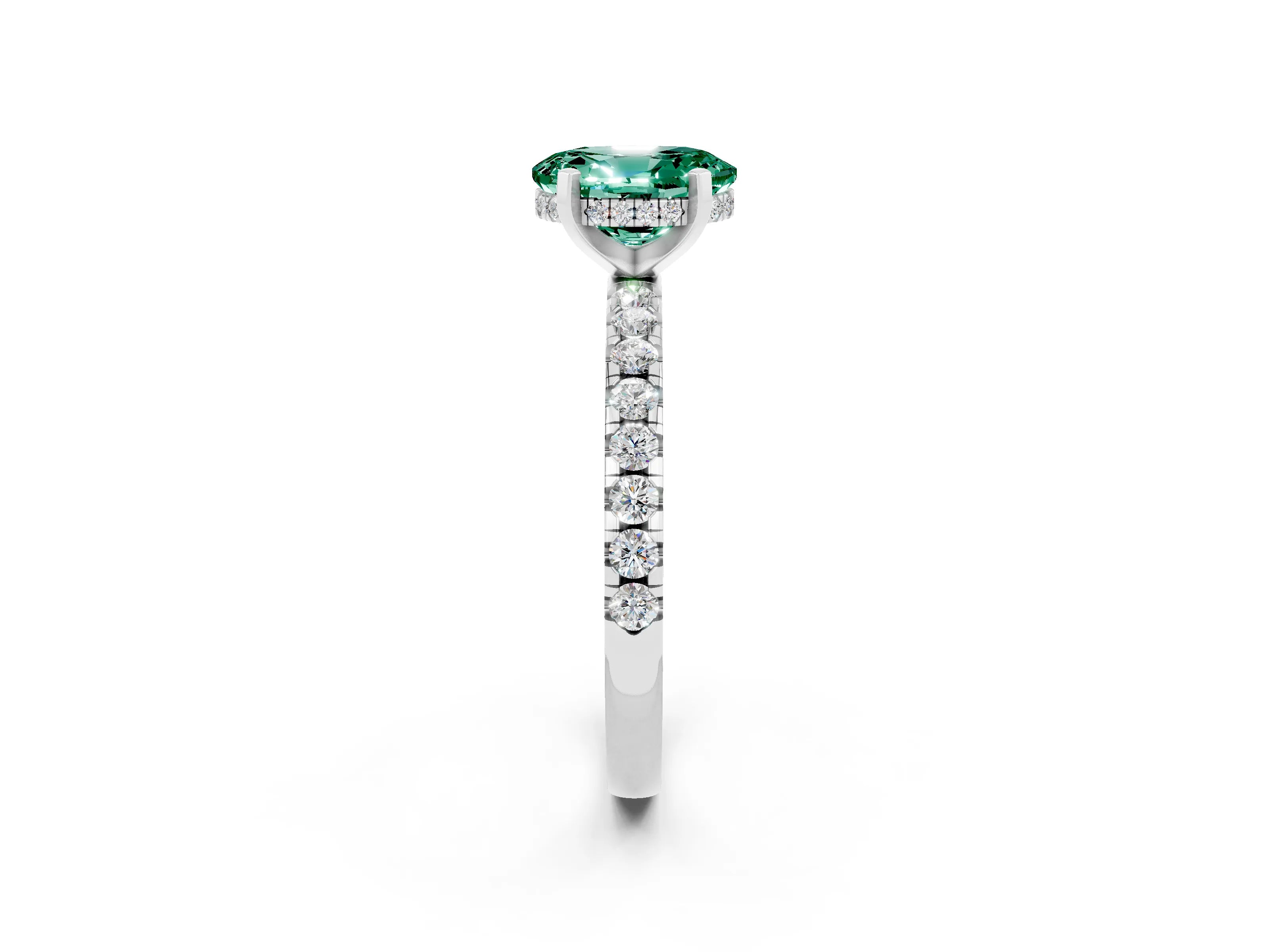 White gold Oval Cut Green Sapphire Solitaire Ring with Pavé Band and Four-Prong Setting_26