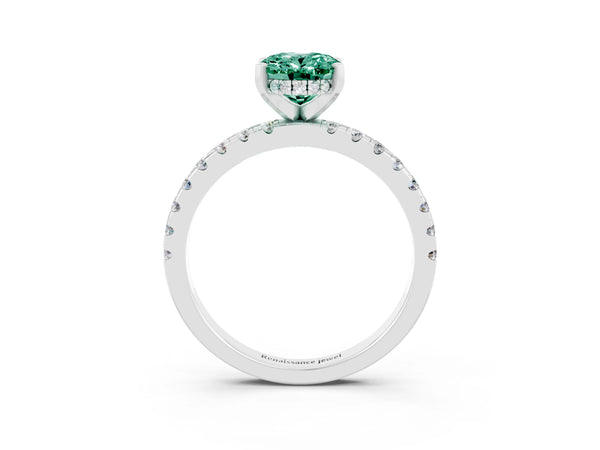 Platinum Oval Cut Green Sapphire Solitaire Ring with Round  Pavé Band and Four-Prong Setting