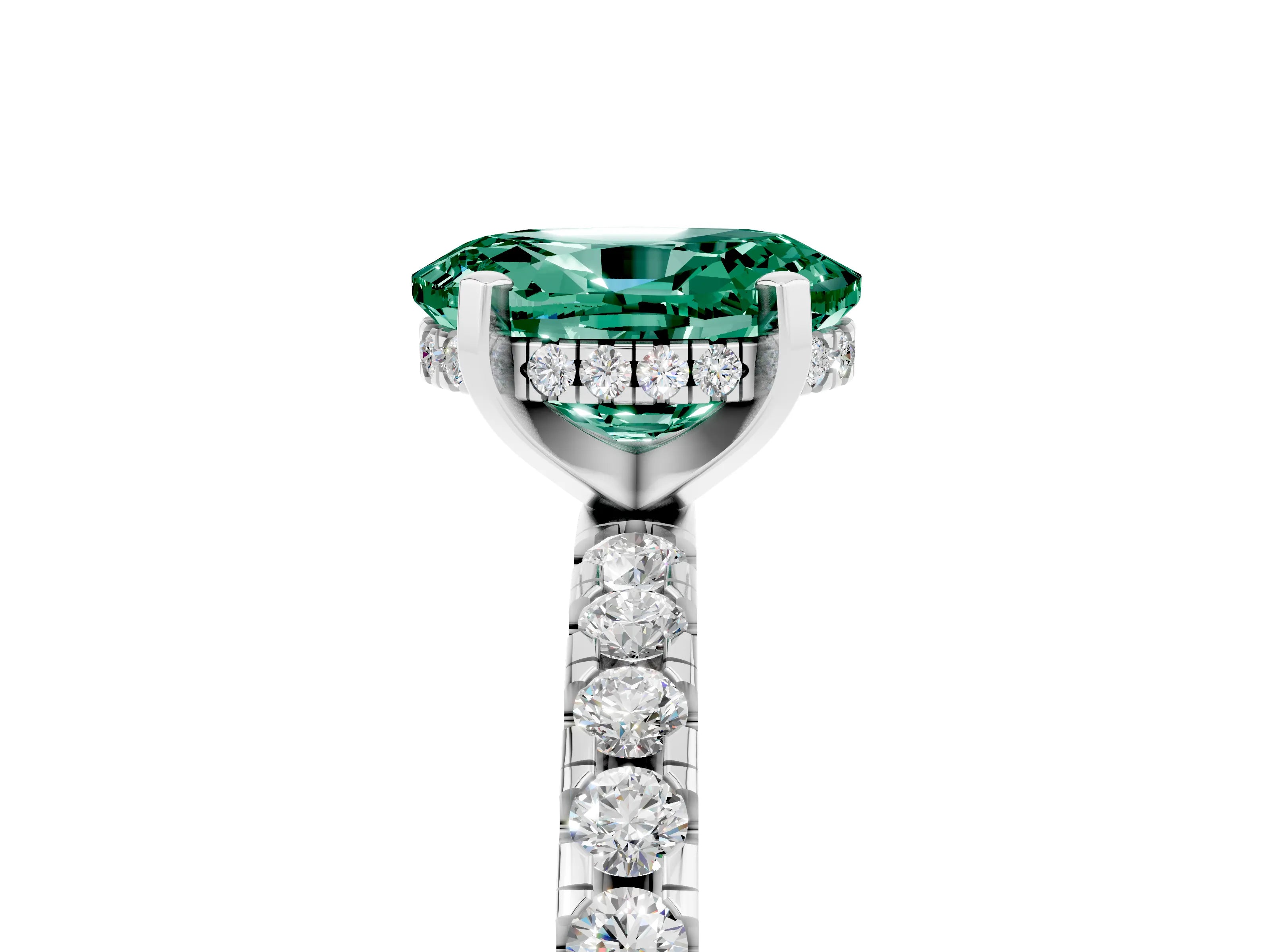 White gold Oval Cut Green Sapphire Solitaire Ring with Pavé Band and Four-Prong Setting_29