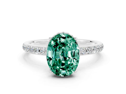 White gold Oval Cut Green Sapphire Solitaire Ring with Pavé Band and Hidden Halo_12