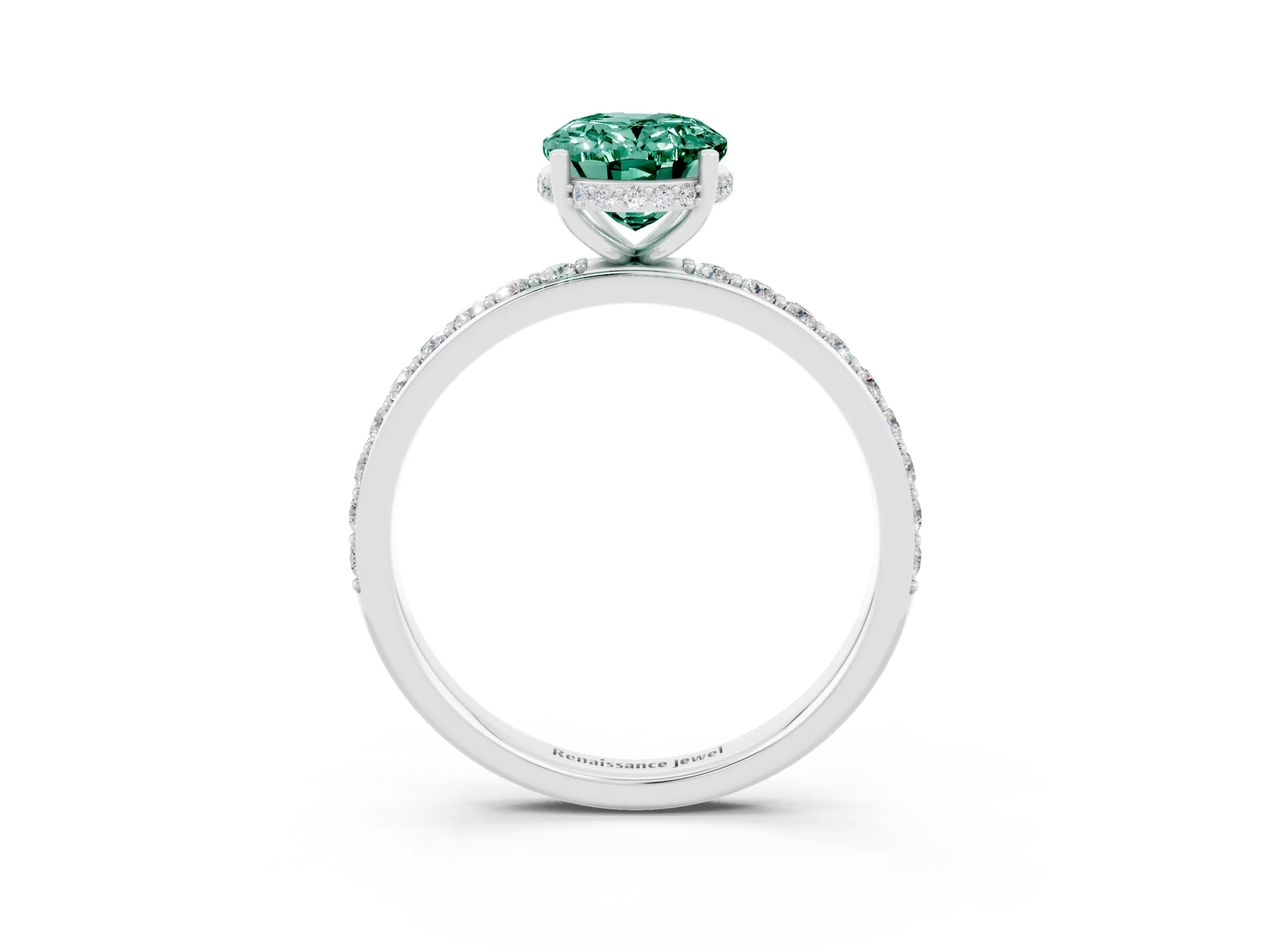 White gold Oval Cut Green Sapphire Solitaire Ring with Pavé Band and Hidden Halo_15