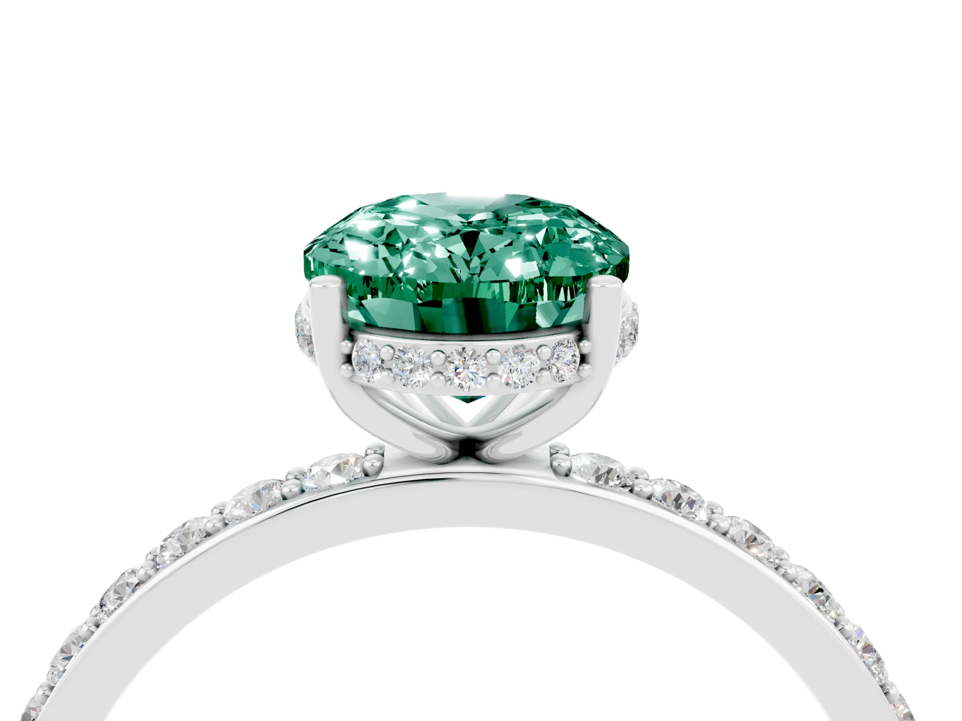 White gold Oval Cut Green Sapphire Solitaire Ring with Pavé Band and Hidden Halo_16