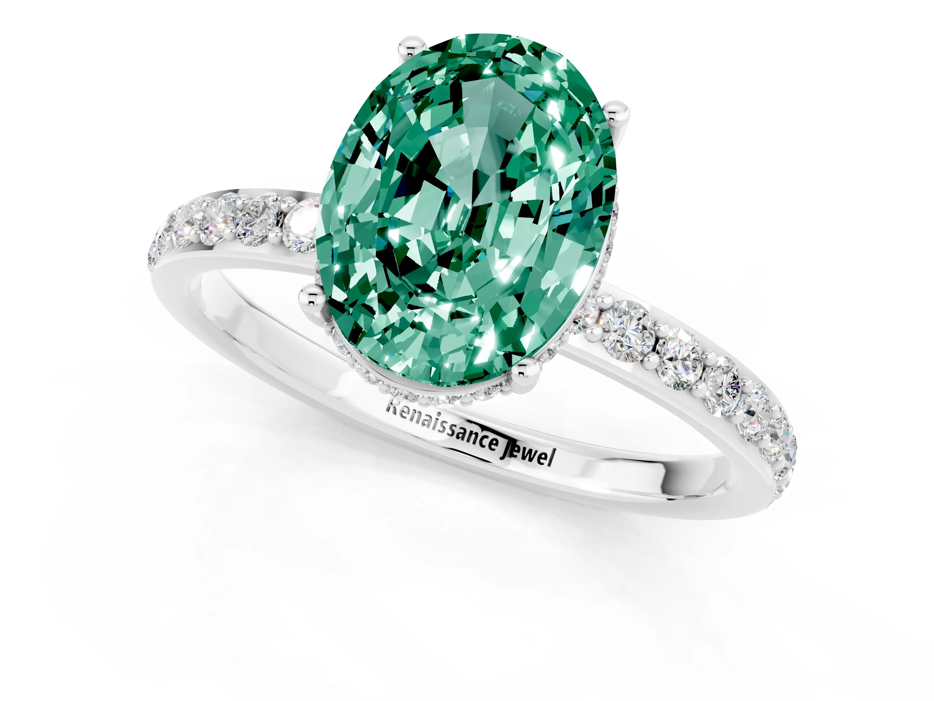 White gold Oval Cut Green Sapphire Solitaire Ring with Pavé Band and Hidden Halo_1