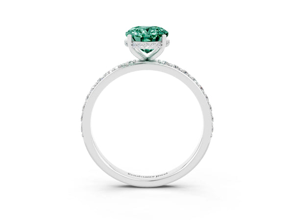 Silver Oval Cut Green Sapphire Solitaire Ring with Pavé Band and Hidden Halo