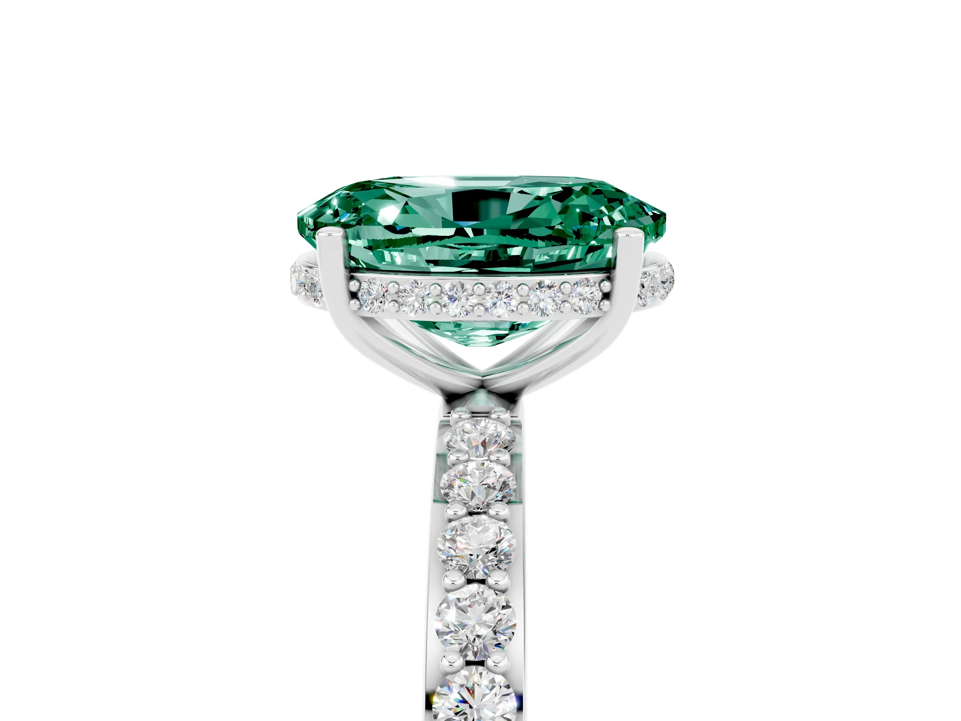 White gold Oval Cut Green Sapphire Solitaire Ring with Pavé Band and Hidden Halo_5