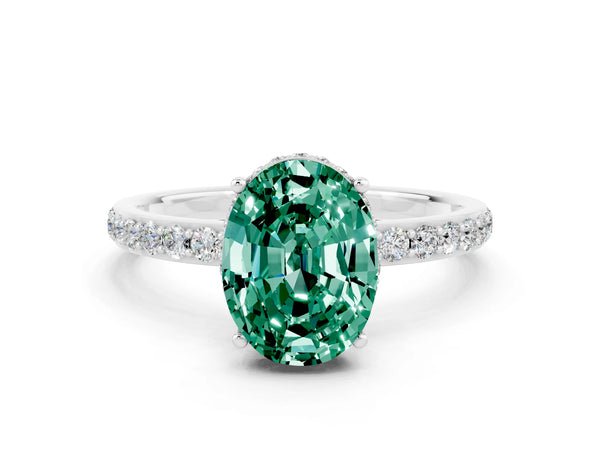 Silver Oval Cut Green Sapphire Solitaire Ring with Pavé Band and Hidden Halo