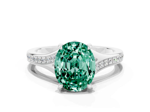 White gold Oval Cut Green Sapphire Solitaire Ring with Pavé Band and Prong Setting_12
