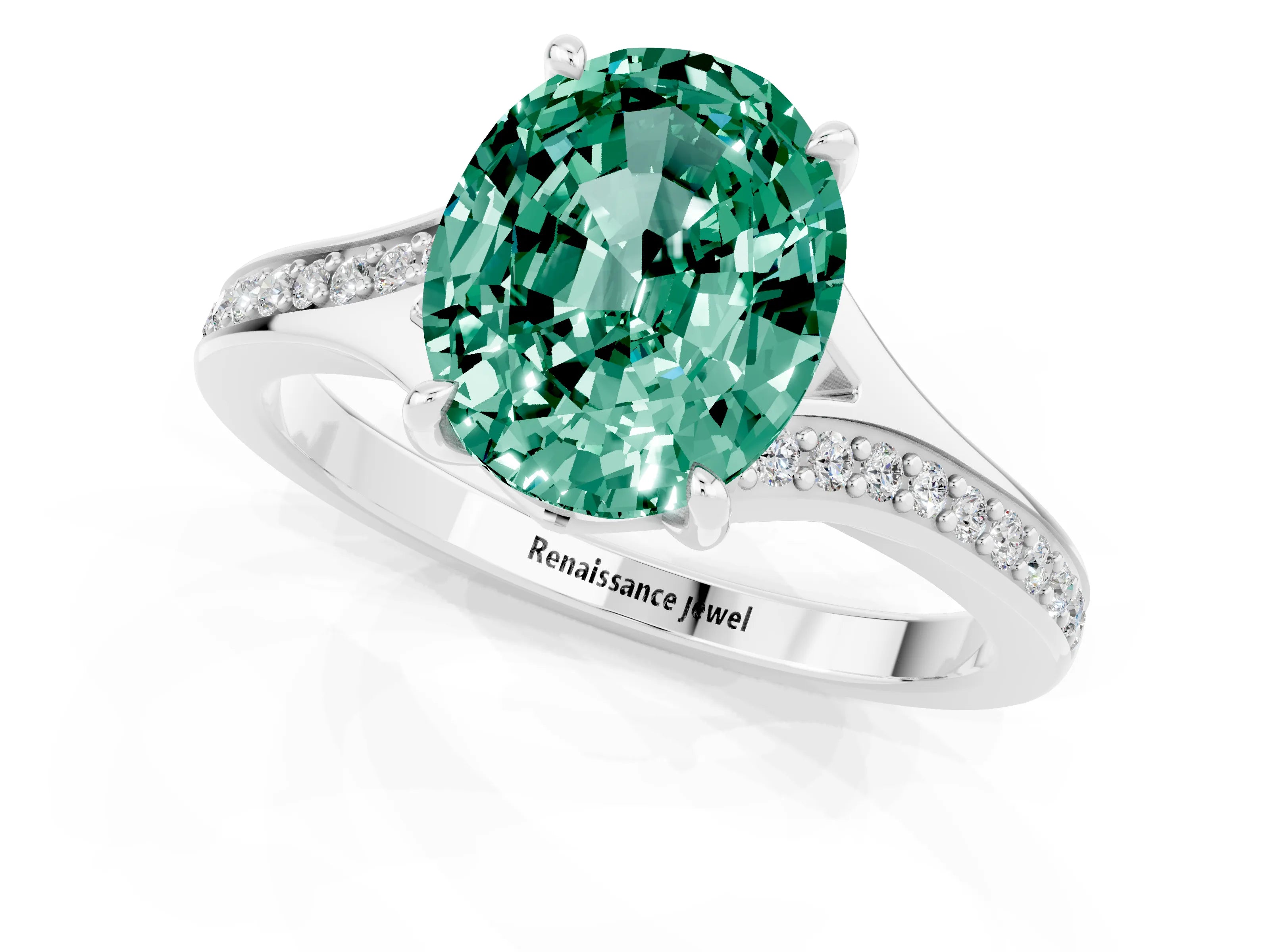 White gold Oval Cut Green Sapphire Solitaire Ring with Pavé Band and Prong Setting_13