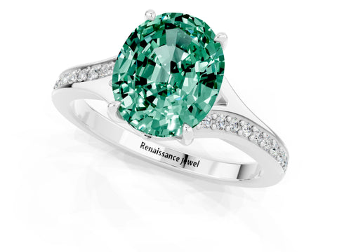White gold Oval Cut Green Sapphire Solitaire Ring with Pavé Band and Prong Setting_13