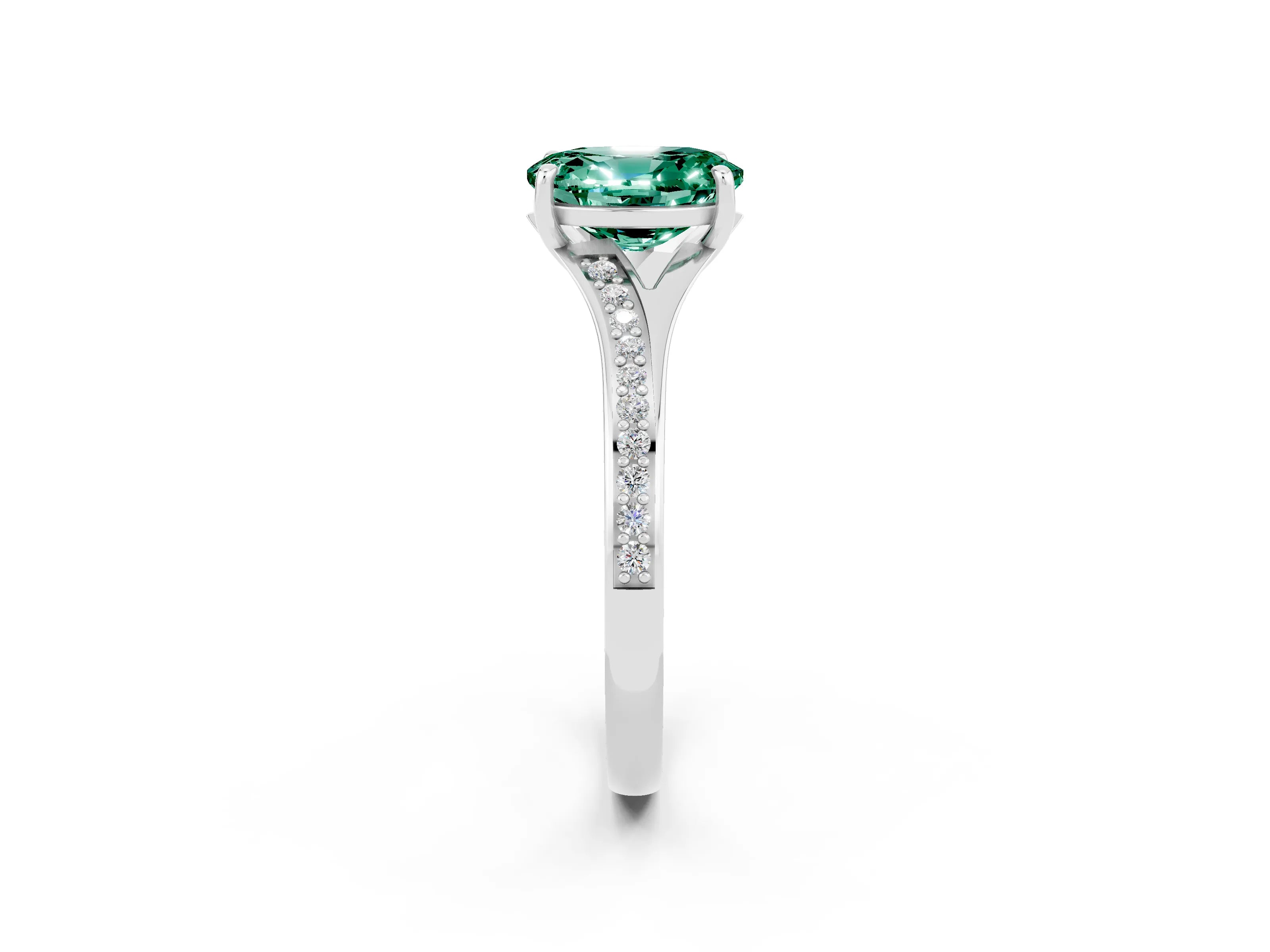 White gold Oval Cut Green Sapphire Solitaire Ring with Pavé Band and Prong Setting_14