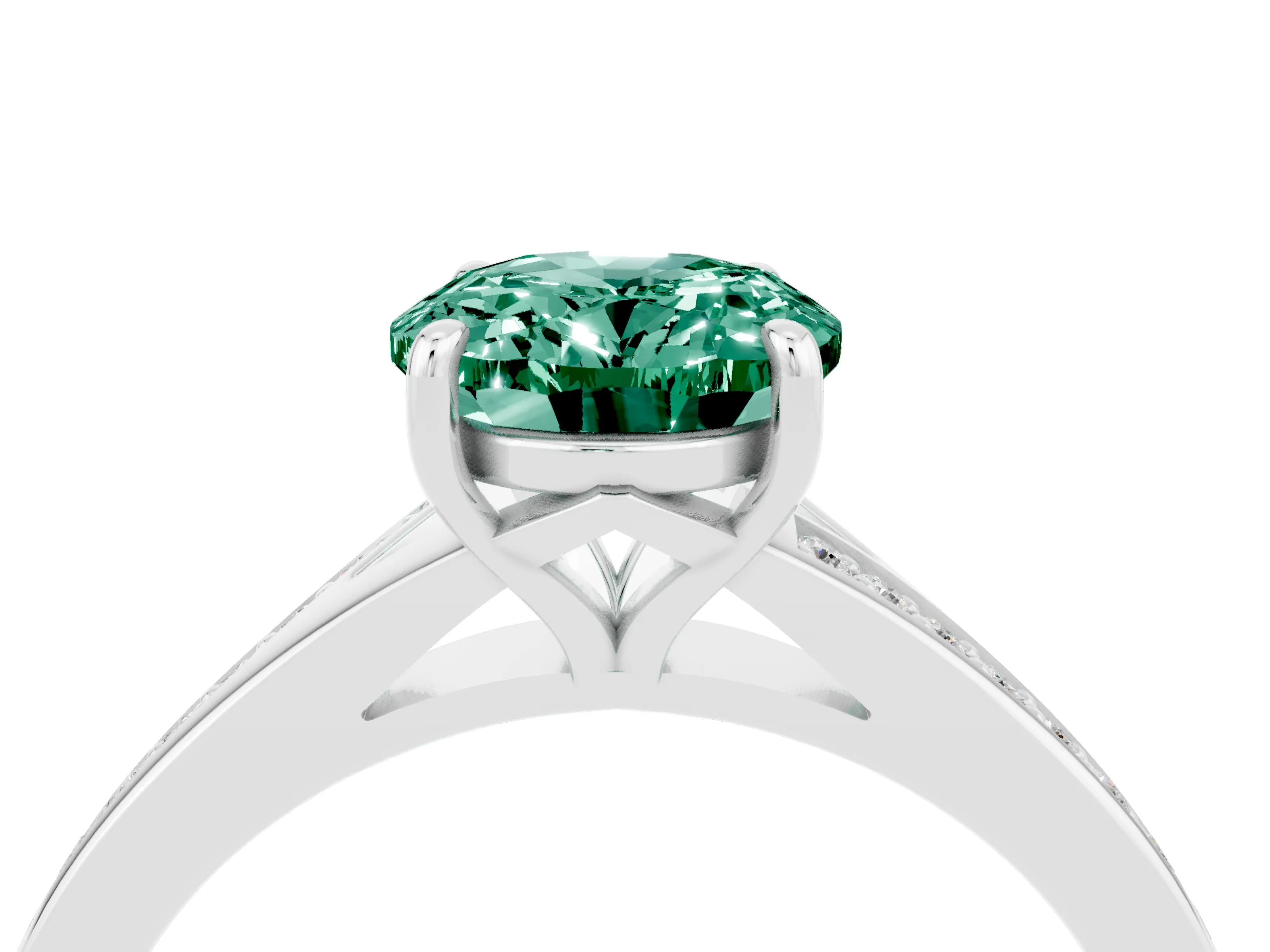 White gold Oval Cut Green Sapphire Solitaire Ring with Pavé Band and Prong Setting_16