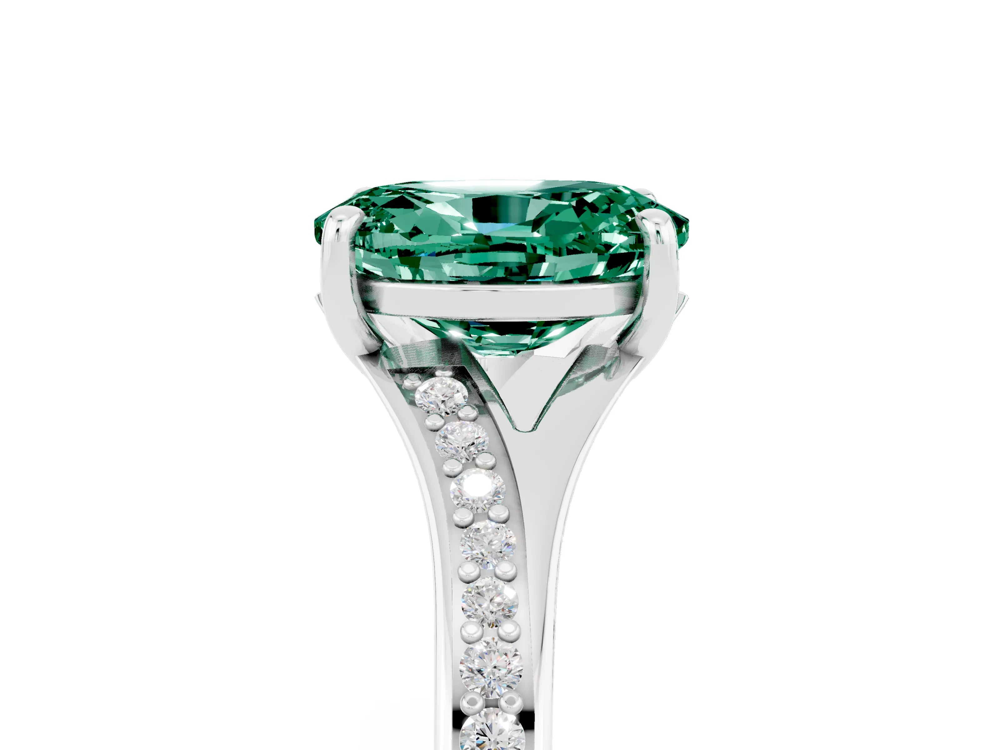 White gold Oval Cut Green Sapphire Solitaire Ring with Pavé Band and Prong Setting_17