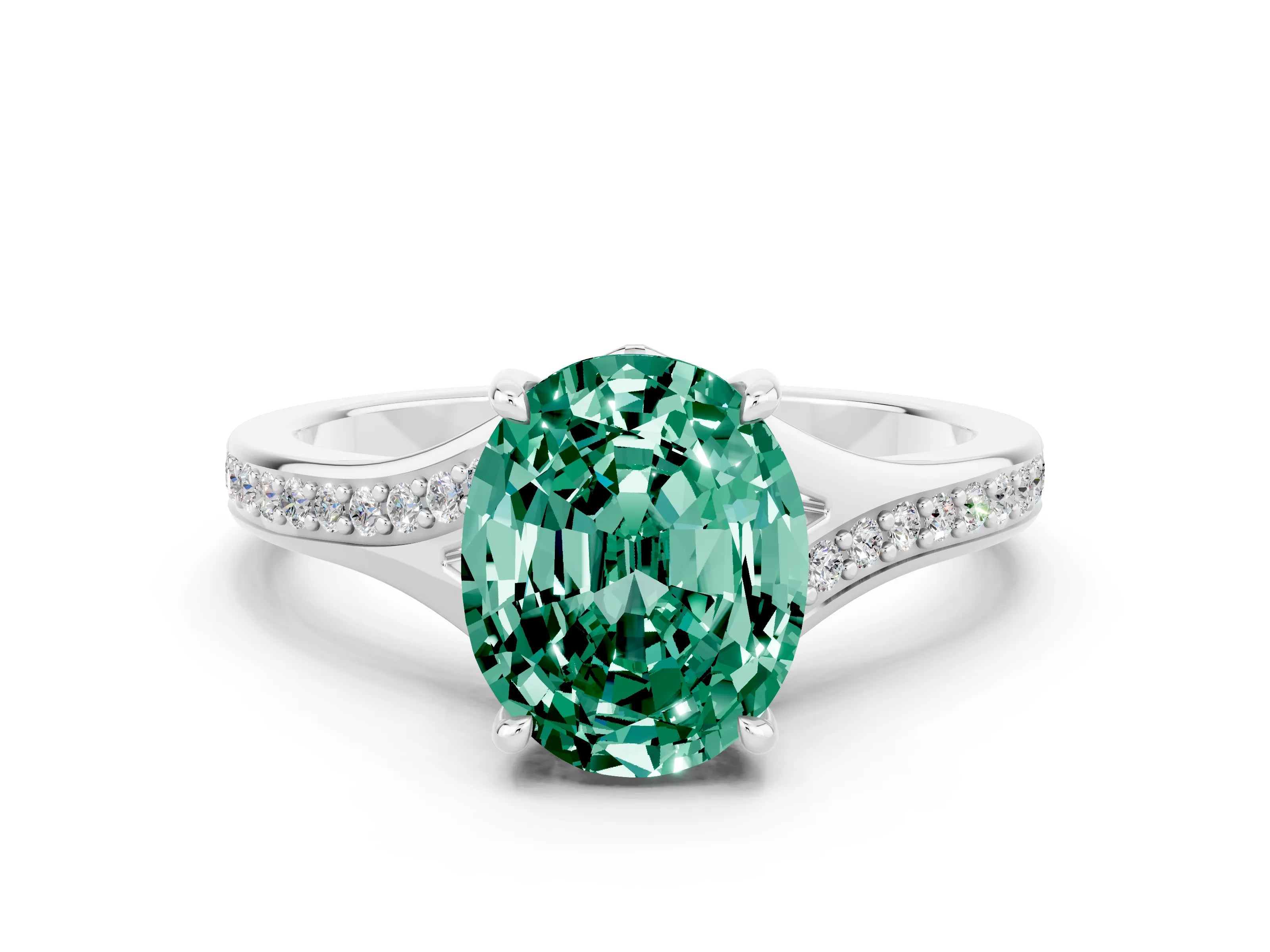 White gold Oval Cut Green Sapphire Solitaire Ring with Pavé Band and Prong Setting