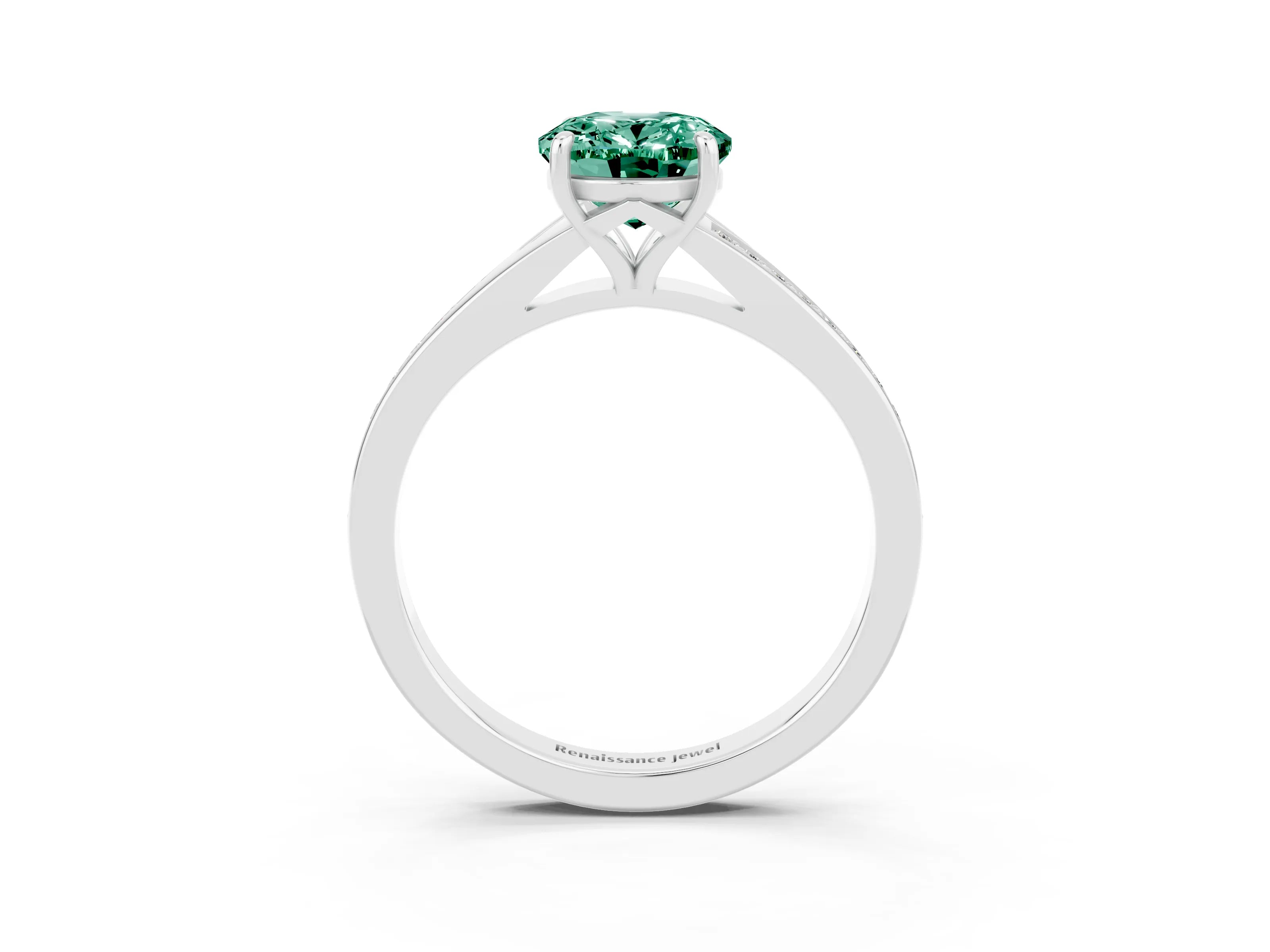 White gold Oval Cut Green Sapphire Solitaire Ring with Pavé Band and Prong Setting_3