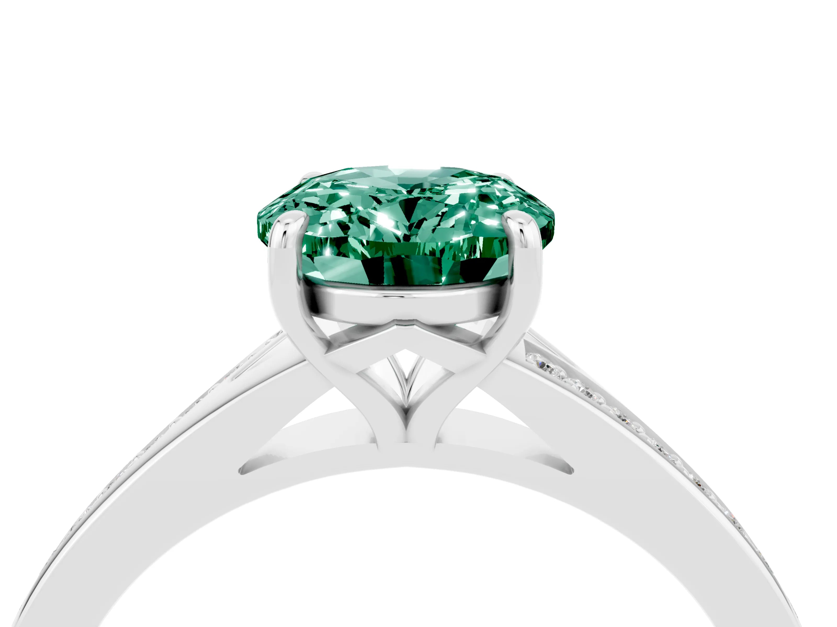 White gold Oval Cut Green Sapphire Solitaire Ring with Pavé Band and Prong Setting_4