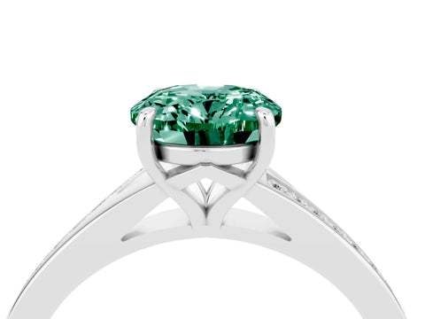 White gold Oval Cut Green Sapphire Solitaire Ring with Pavé Band and Prong Setting_4