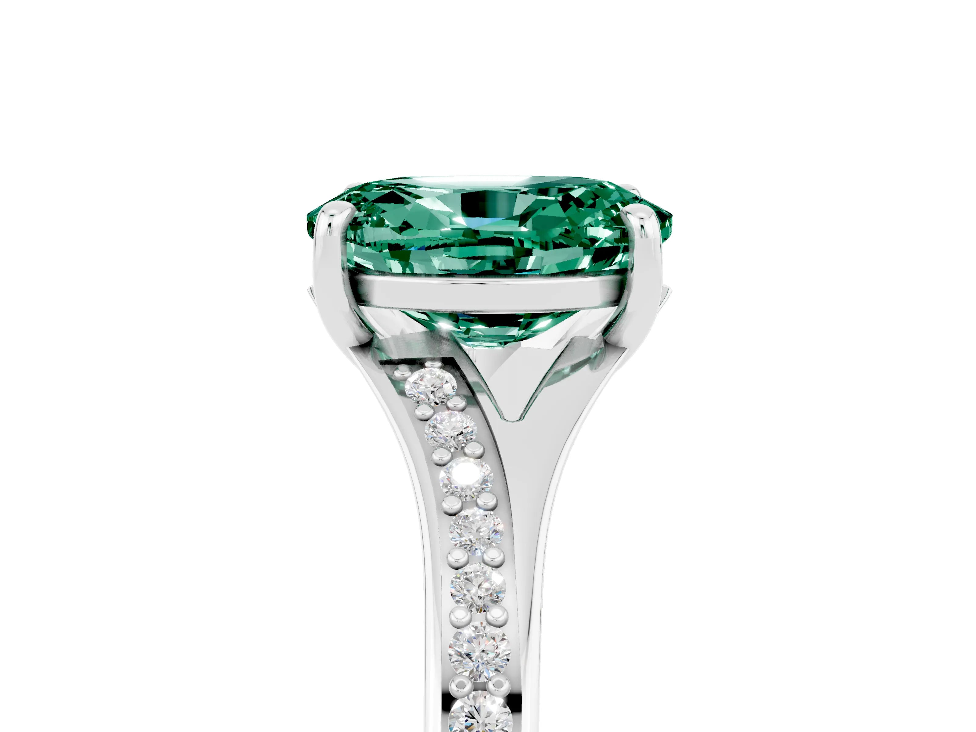 White gold Oval Cut Green Sapphire Solitaire Ring with Pavé Band and Prong Setting_5