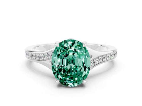 White gold Oval Cut Green Sapphire Solitaire Ring with Pavé Band and Prong Setting