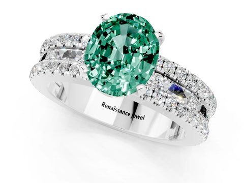 White gold Oval Cut Green Sapphire Solitaire Ring with Pavé and Channel Set Band_1