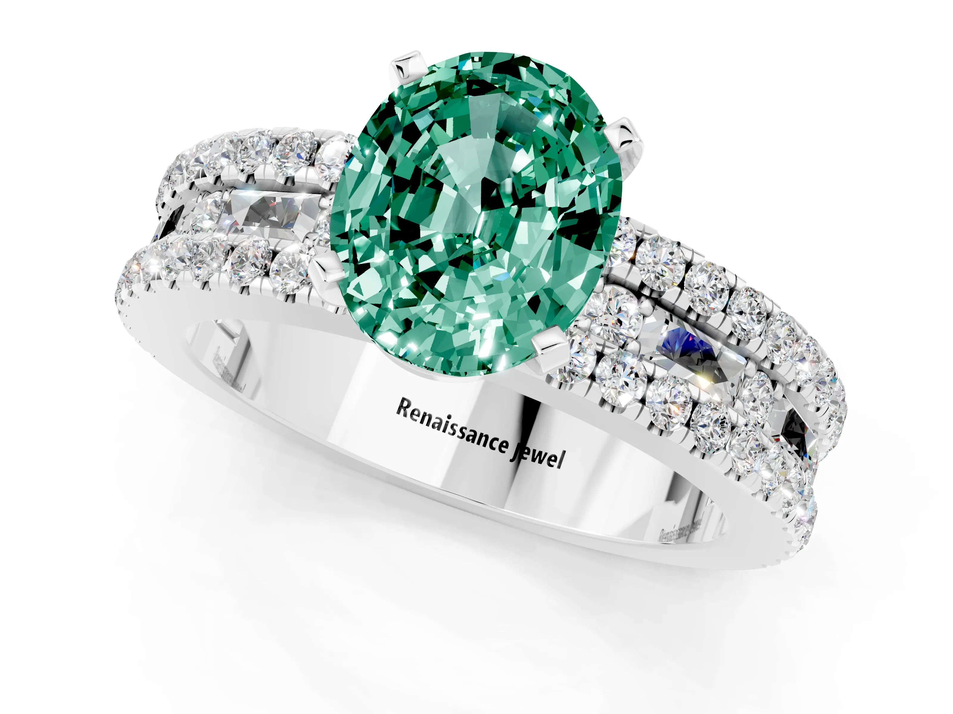 White gold Oval Cut Green Sapphire Solitaire Ring with Pavé and Channel Set Band_1