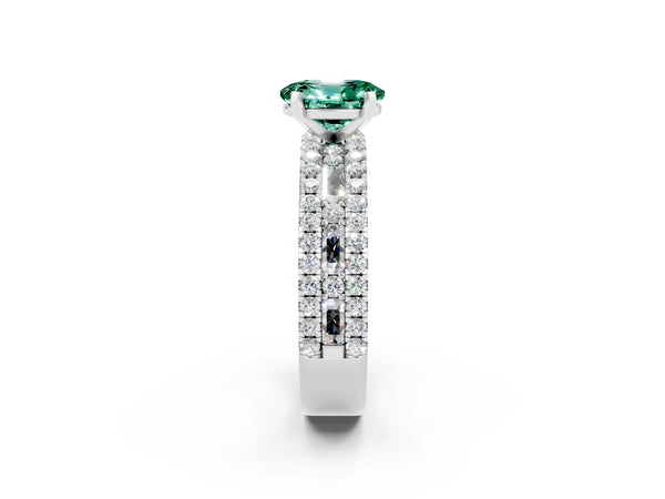 Silver Oval Cut Green Sapphire Solitaire Ring with Pavé and Channel Set Band