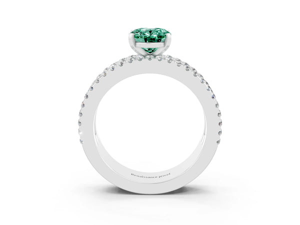 Platinum Oval Cut Green Sapphire Solitaire Ring with Pavé and Channel Set Band