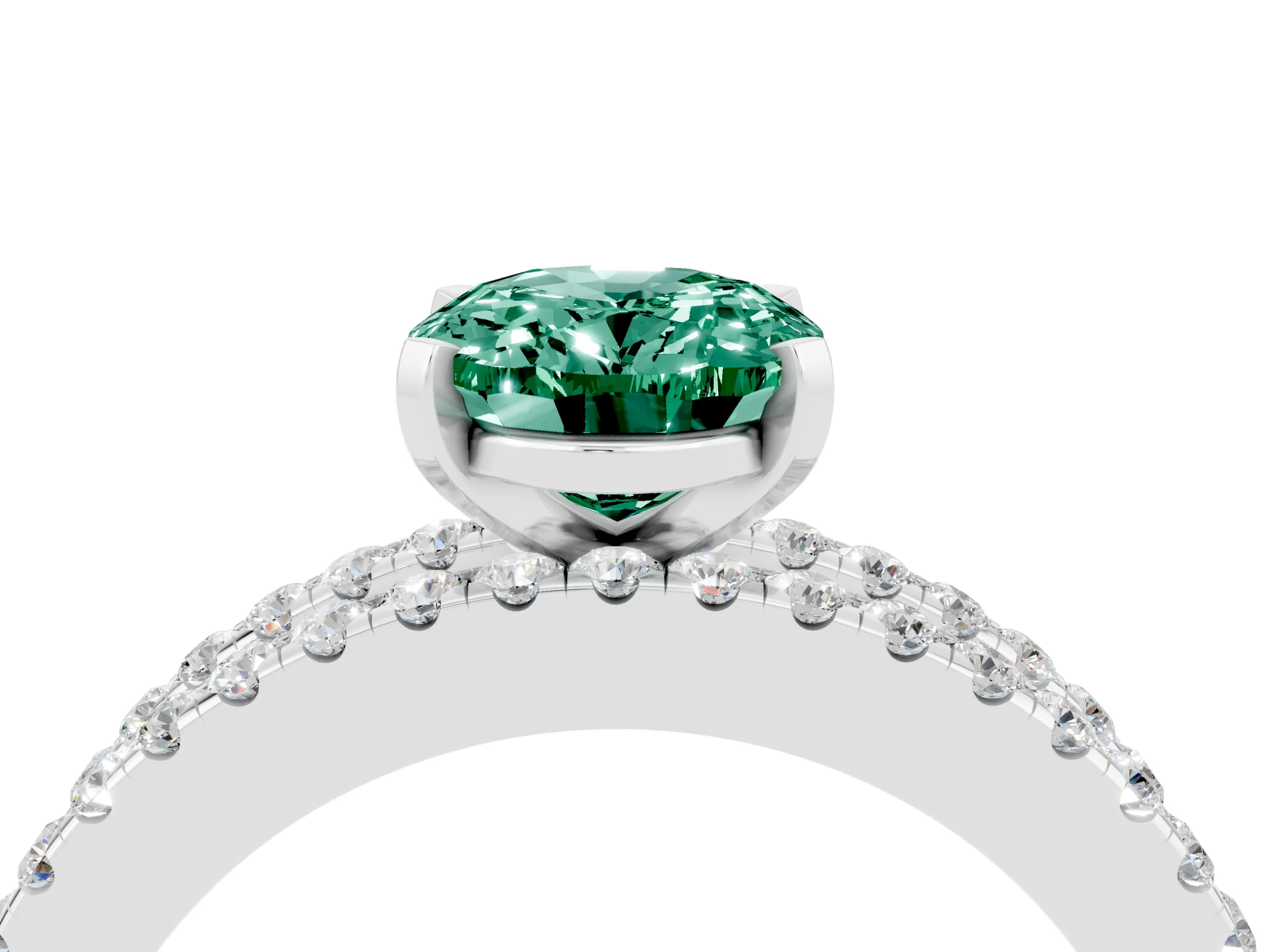 White gold Oval Cut Green Sapphire Solitaire Ring with Pavé and Channel Set Band_4
