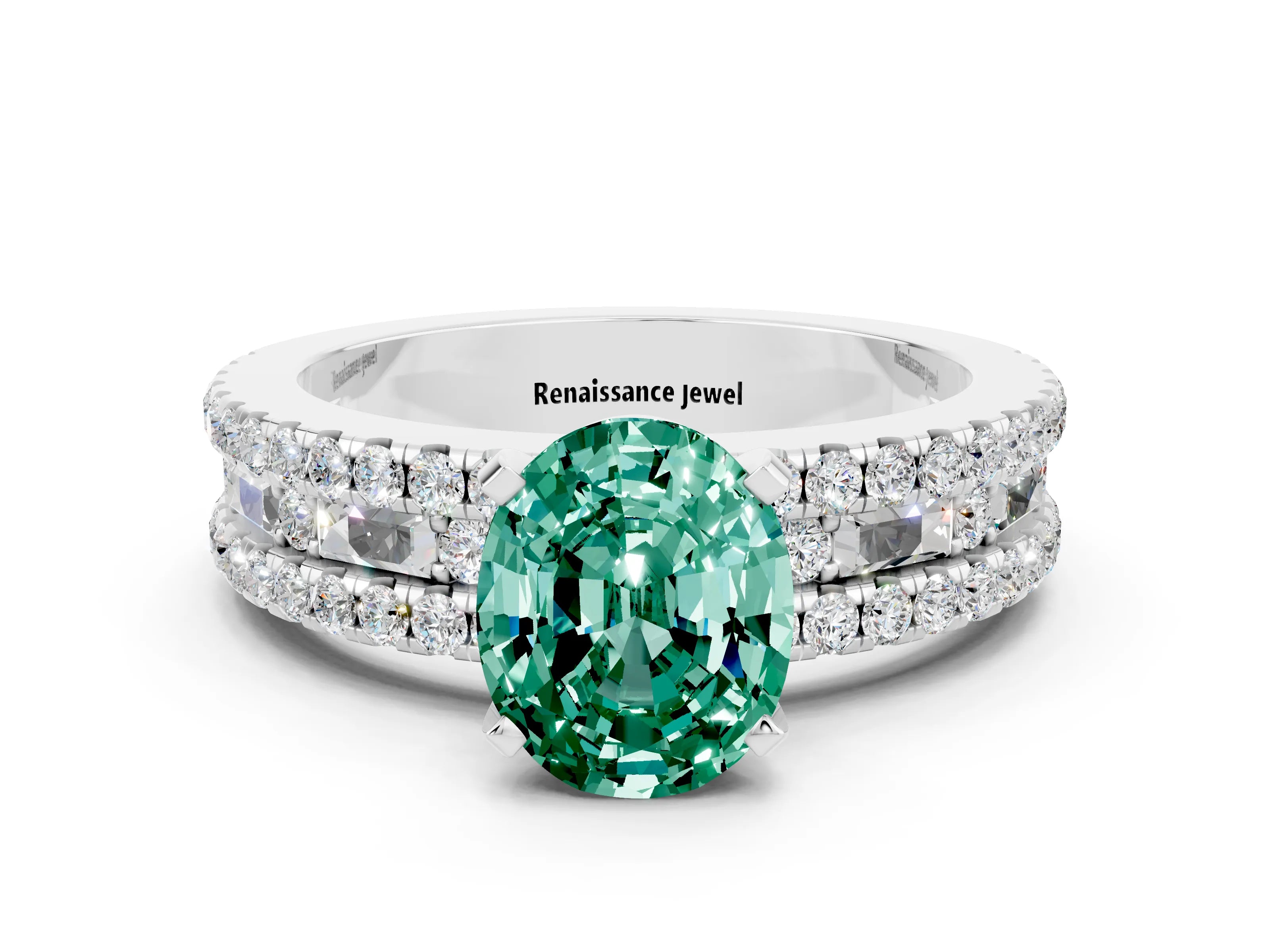 White gold Oval Cut Green Sapphire Solitaire Ring with Pavé and Channel Set Band