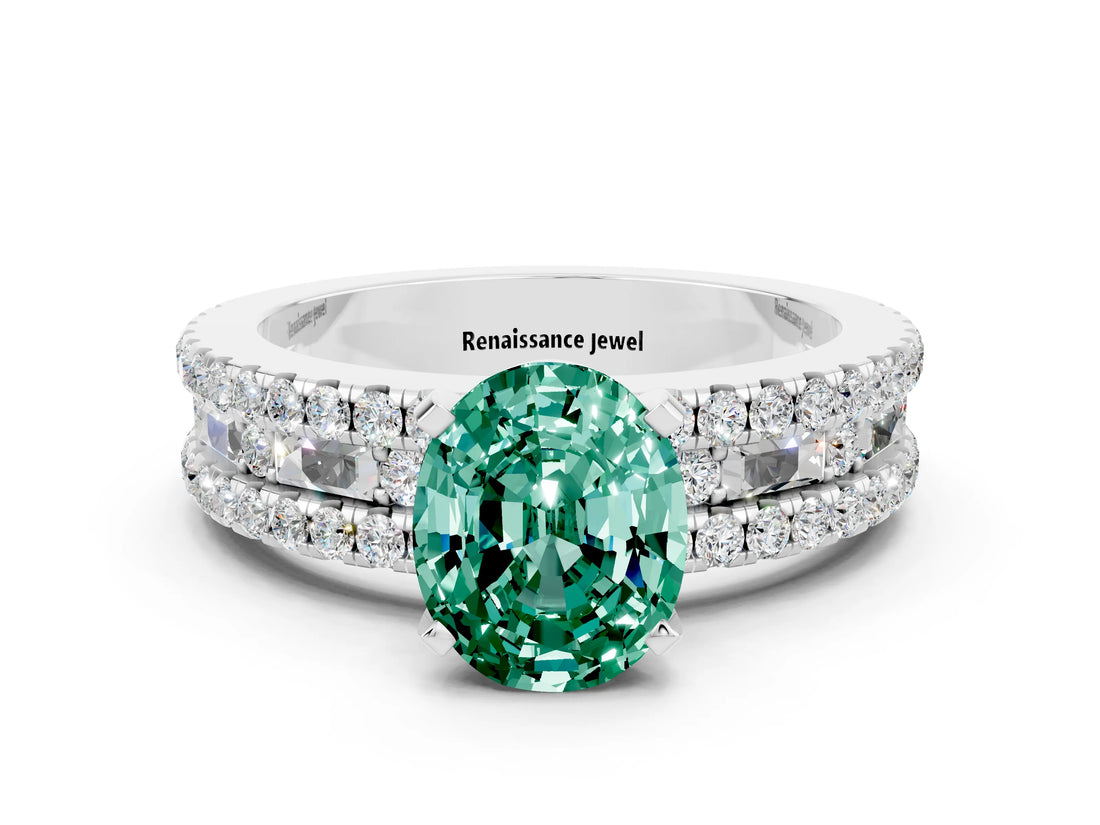 White gold Oval Cut Green Sapphire Solitaire Ring with Pavé and Channel Set Band