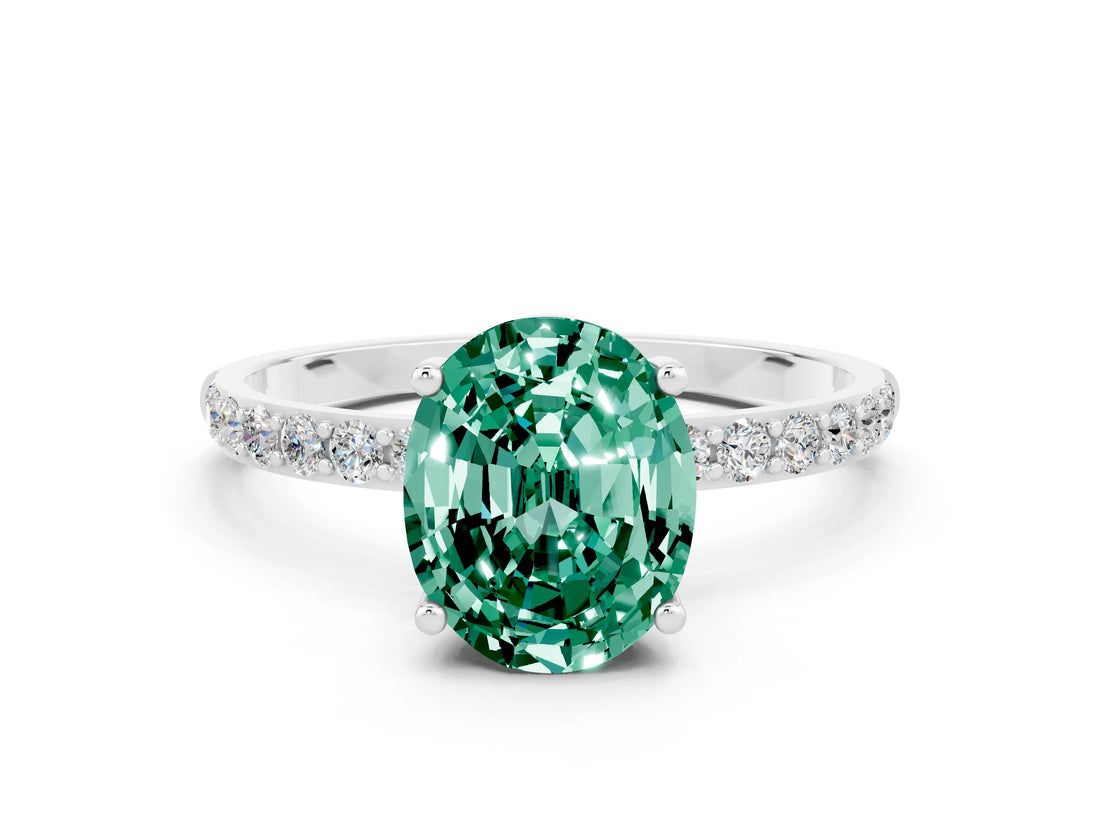 White gold Oval Cut Green Sapphire Solitaire Ring with Pave Band and Four Prong Setting_24