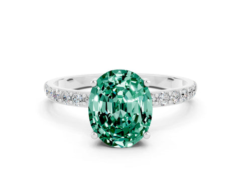 White gold Oval Cut Green Sapphire Solitaire Ring with Pave Band and Four Prong Setting_24