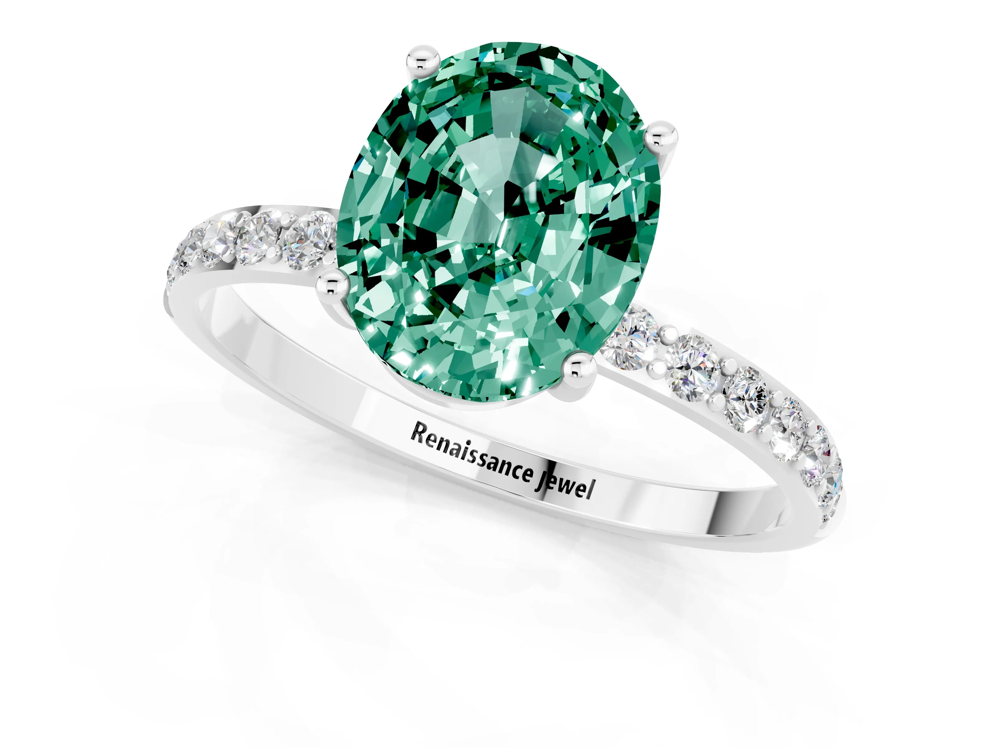White gold Oval Cut Green Sapphire Solitaire Ring with Pave Band and Four Prong Setting_25
