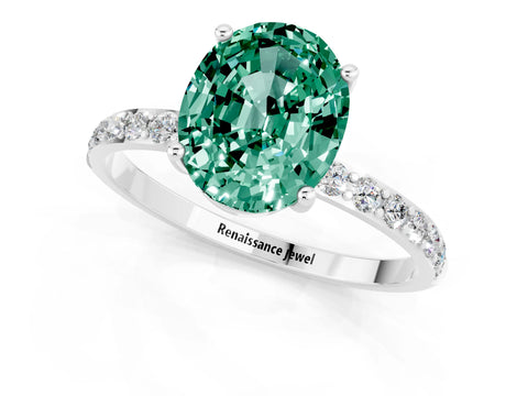 White gold Oval Cut Green Sapphire Solitaire Ring with Pave Band and Four Prong Setting_25