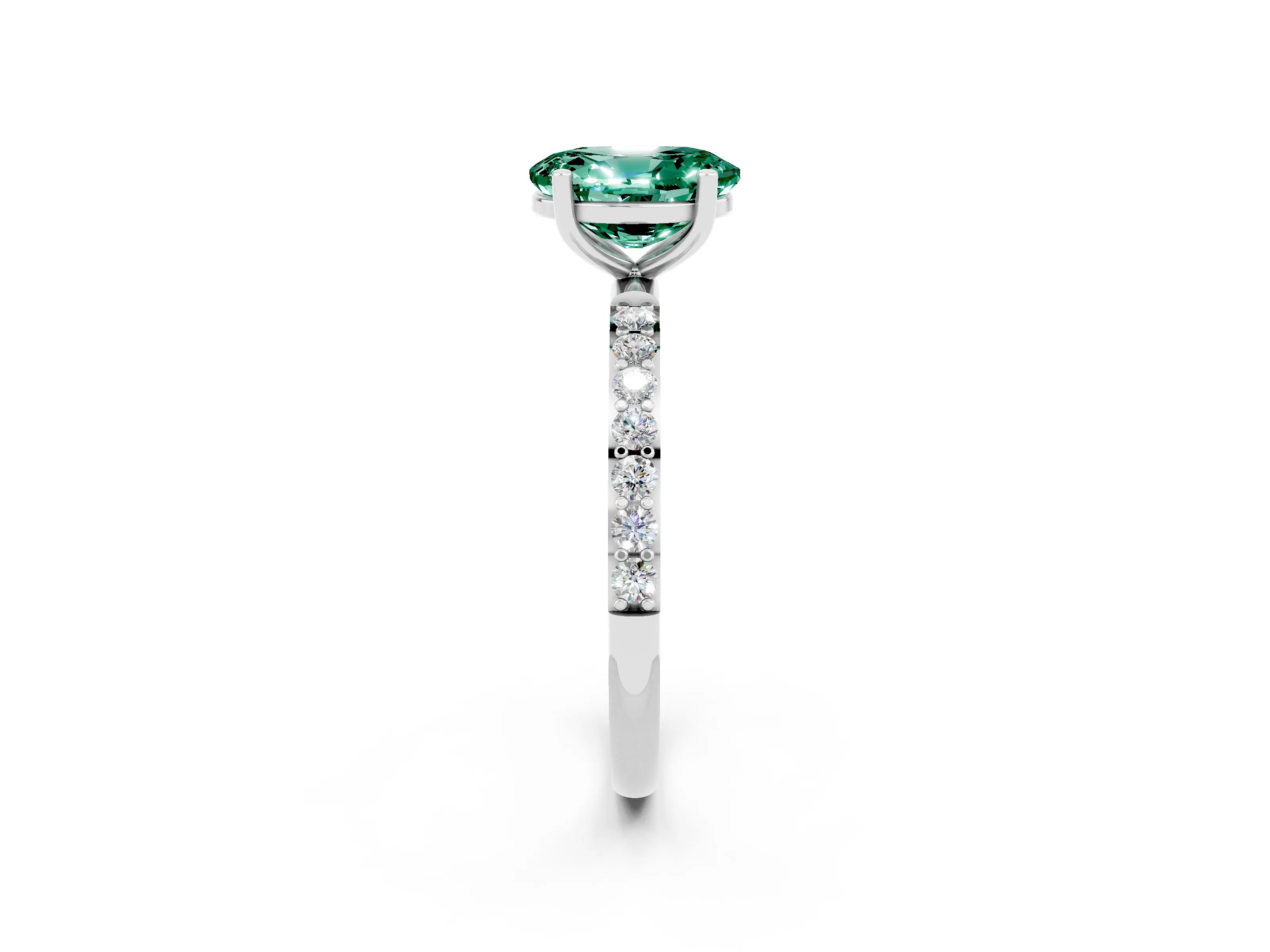 White gold Oval Cut Green Sapphire Solitaire Ring with Pave Band and Four Prong Setting_26