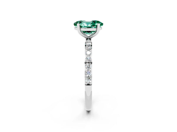 White gold Oval Cut Green Sapphire Solitaire Ring with Round  Pavé Band and Prong Setting