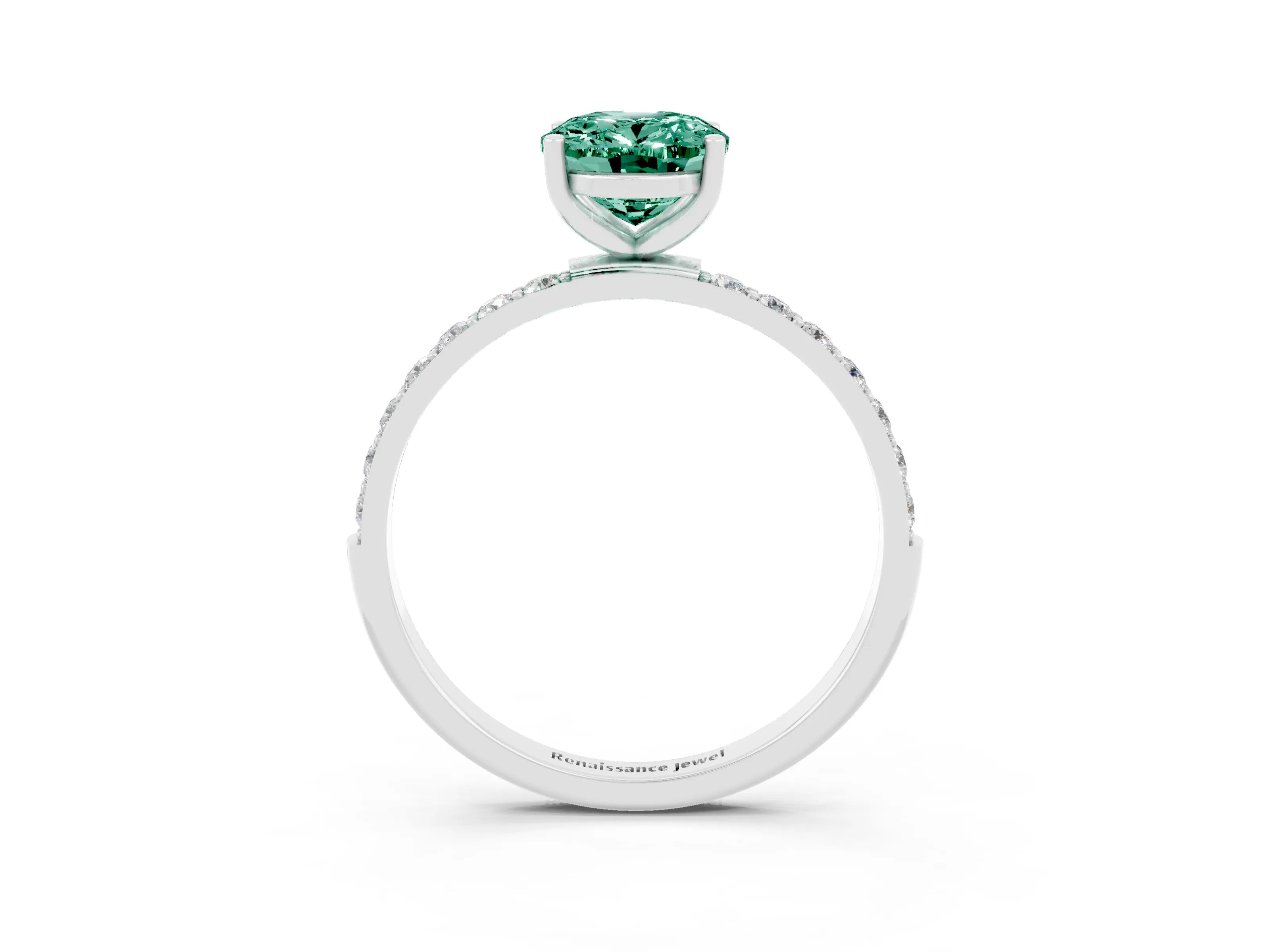 White gold Oval Cut Green Sapphire Solitaire Ring with Pave Band and Four Prong Setting_27
